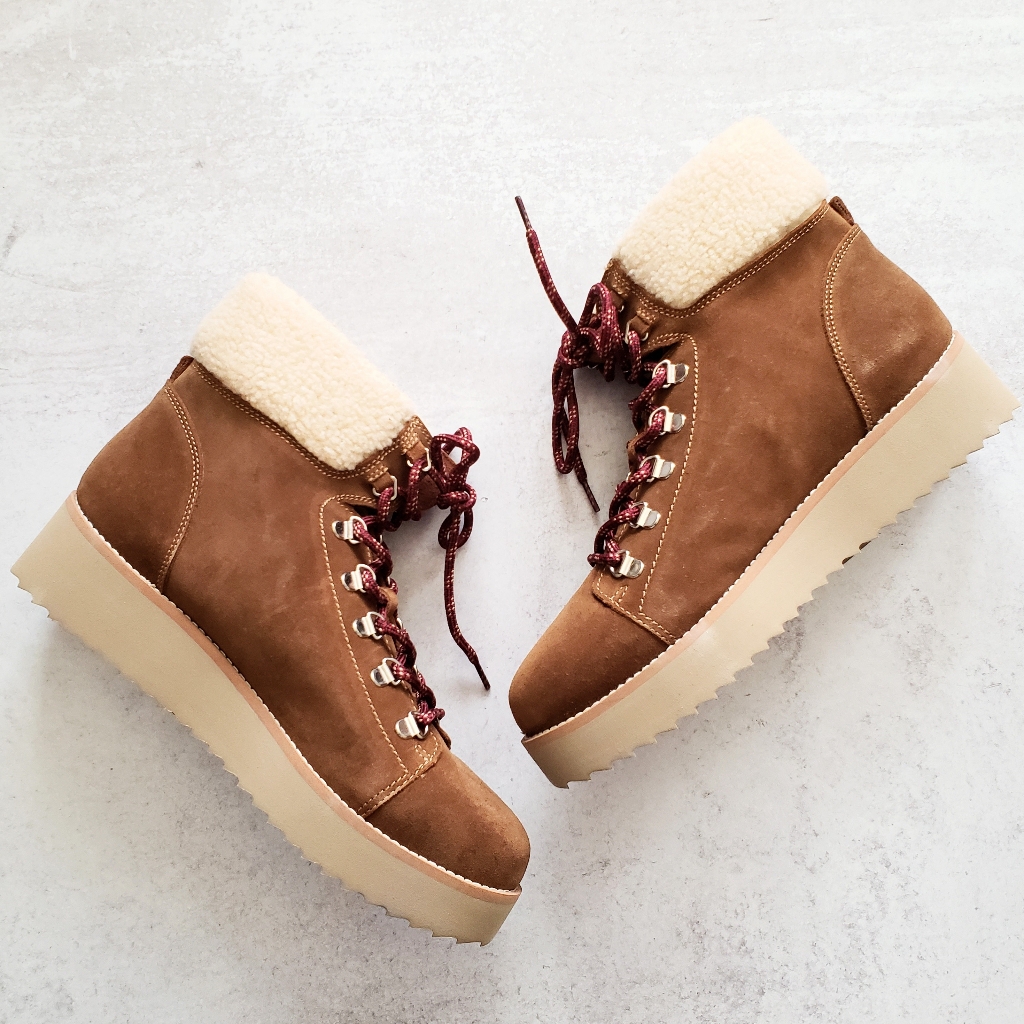 Sam Edelman Suede Franc Shearling Hiking Ankle Boots Lace Up Brown Sz 11